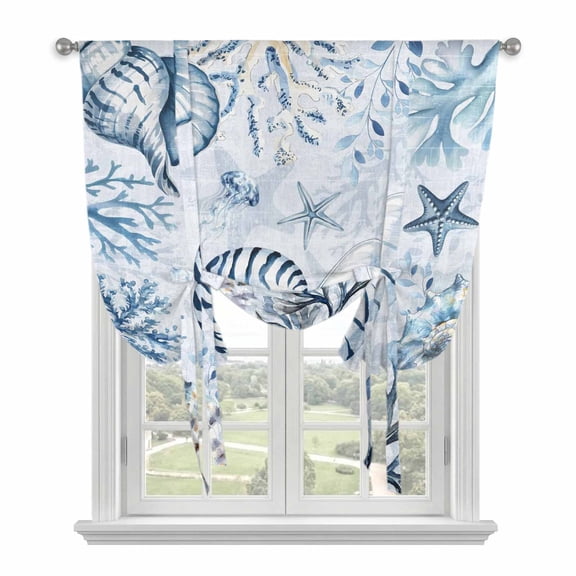 Blue Conch Coastal Tie Up Curtains for Small Windows,Adjustable Rod Pocket Valance 45 Inch Short, Summer Beach Coral Starfish Shell Window Treatment Balloon Roman Blind Shade, 34" x 45"