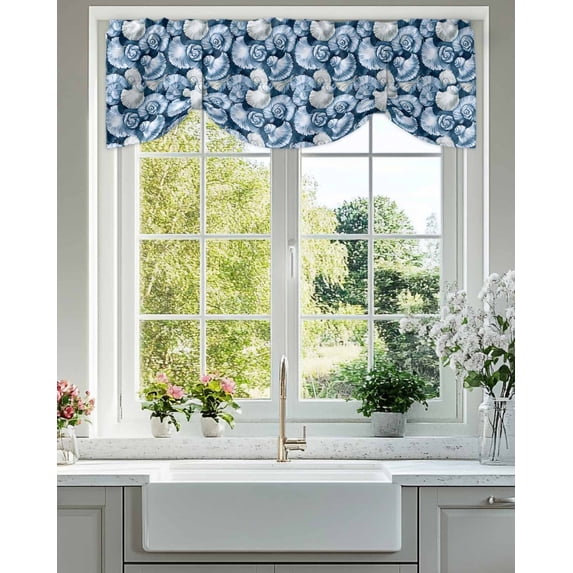 Blue Conch Floral Tie Up Valances Curtain, Adjustable Kitchen Abstract Nautilus Valances for Windows Decor, Rod Pocket Short Curtains Set for Bedroom/Bathroom, 42"x12"