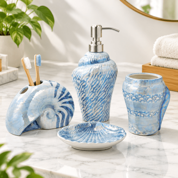 Blue Conch Sea Shell Ceramic Bathroom Accessories Set, 4-Piece with Toothbrush Holder, Gargle Cup, Soap Dish, Soap Dispenser