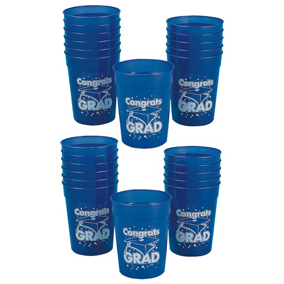 Blue Congrats Grad Cap BPA-Free Plastic Cups Bulk 48 Pc