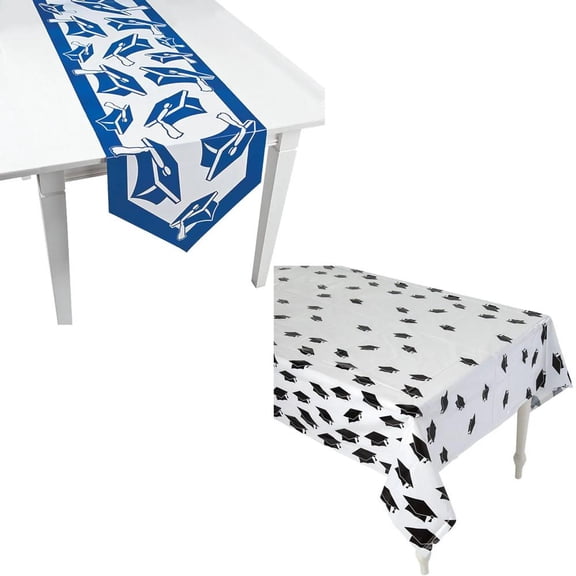 Blue Congrats Grad Disposable Table Runner & Tablecloth Decorating Kit  2 pc