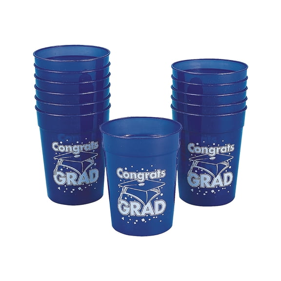 Blue "Congrats Grad" Plastic Cup - Party Supplies - 12 Pieces