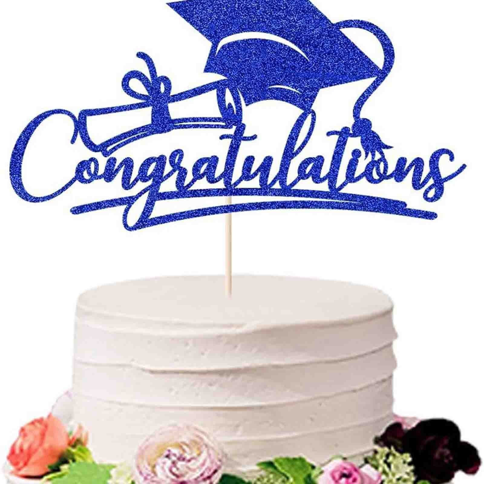 Blue Congratulations Cake Topper–Acrylic Grad Cake Decor with Bachelor Cap & Scroll,1 PCS Commencement Party Insert for High School College Graduation