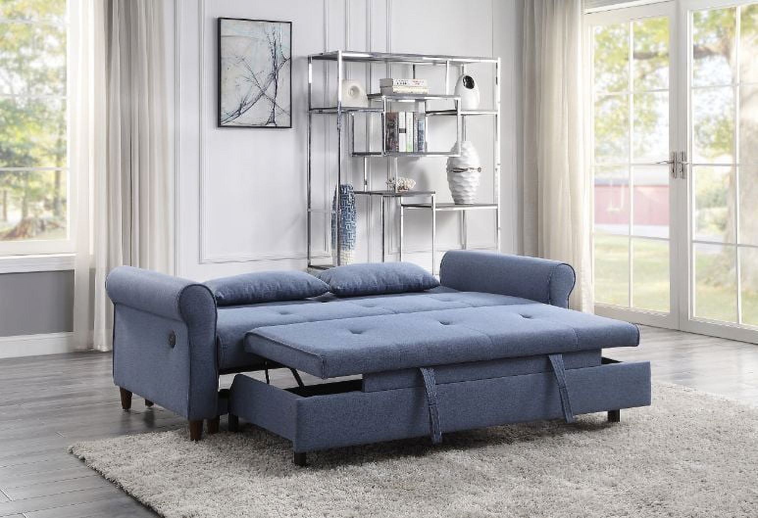 Blue Contemporary Living Room Furniture Pull-out Sleeper Sofa Built in USB Port - image 1 of 3