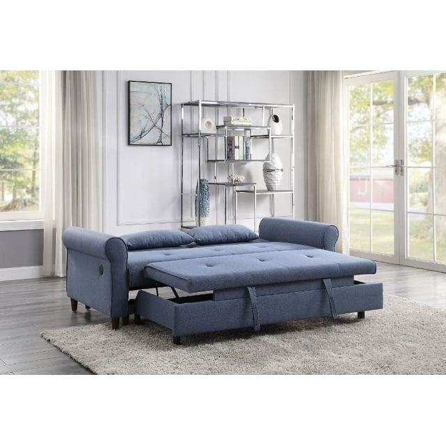 Blue Contemporary Living Room Furniture Pull-out Sleeper Sofa Built in USB Port