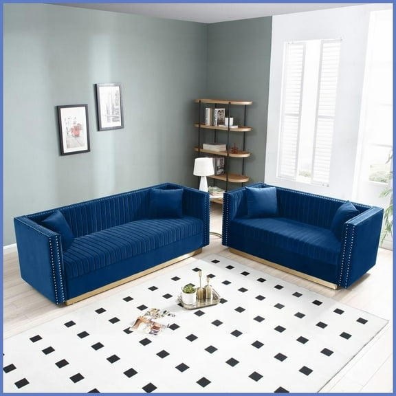Blue Contemporary Vertical Channel Tufted Velvet 2-Piece Sofa Loveseat Set with 4 Pillows for Living Room
