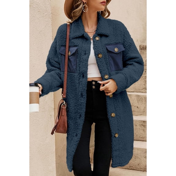 Blue Contrast Flap Pocket Single Breasted Teddy Coat