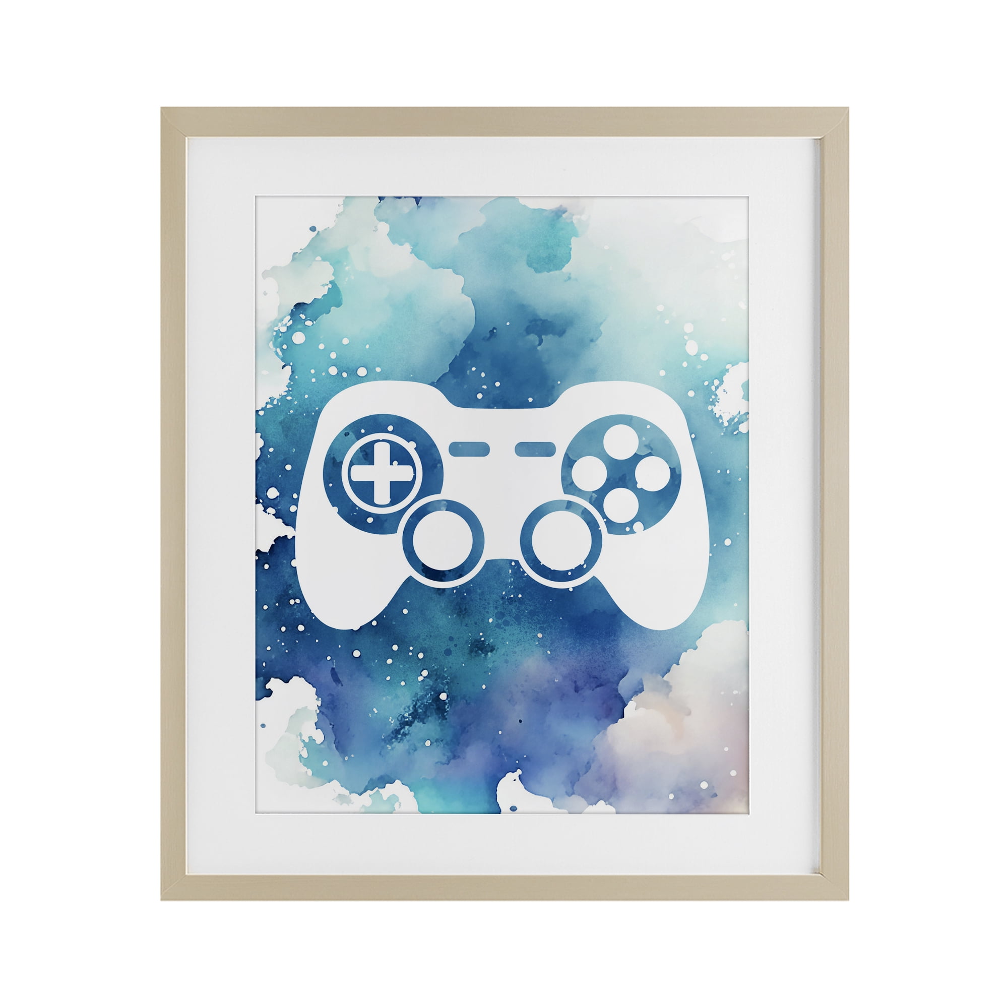 Blue Controller Splatter Birch Framed Print Under Glass, design by Marcus Prime