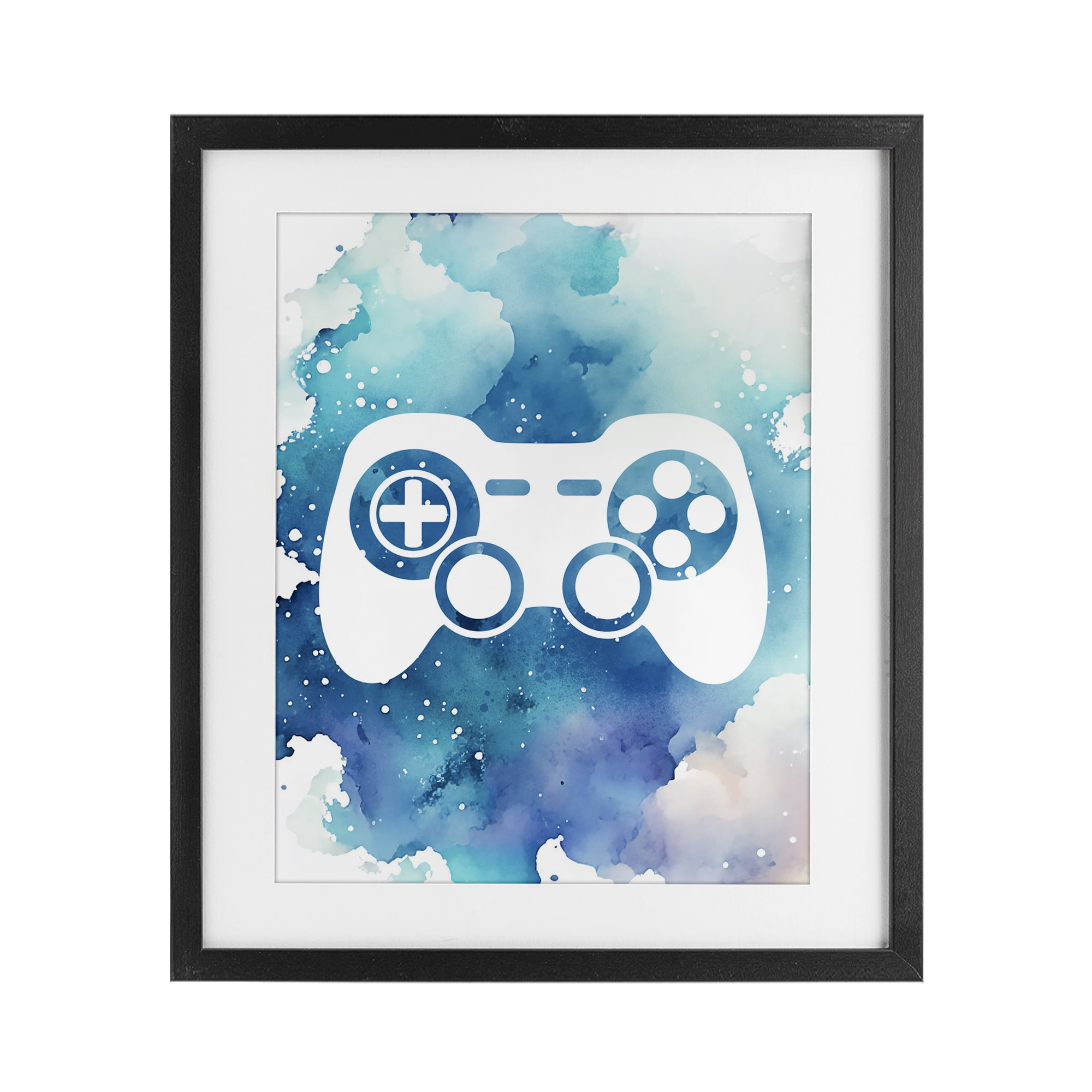 Blue Controller Splatter Black Framed Print Under Glass, design by Marcus Prime
