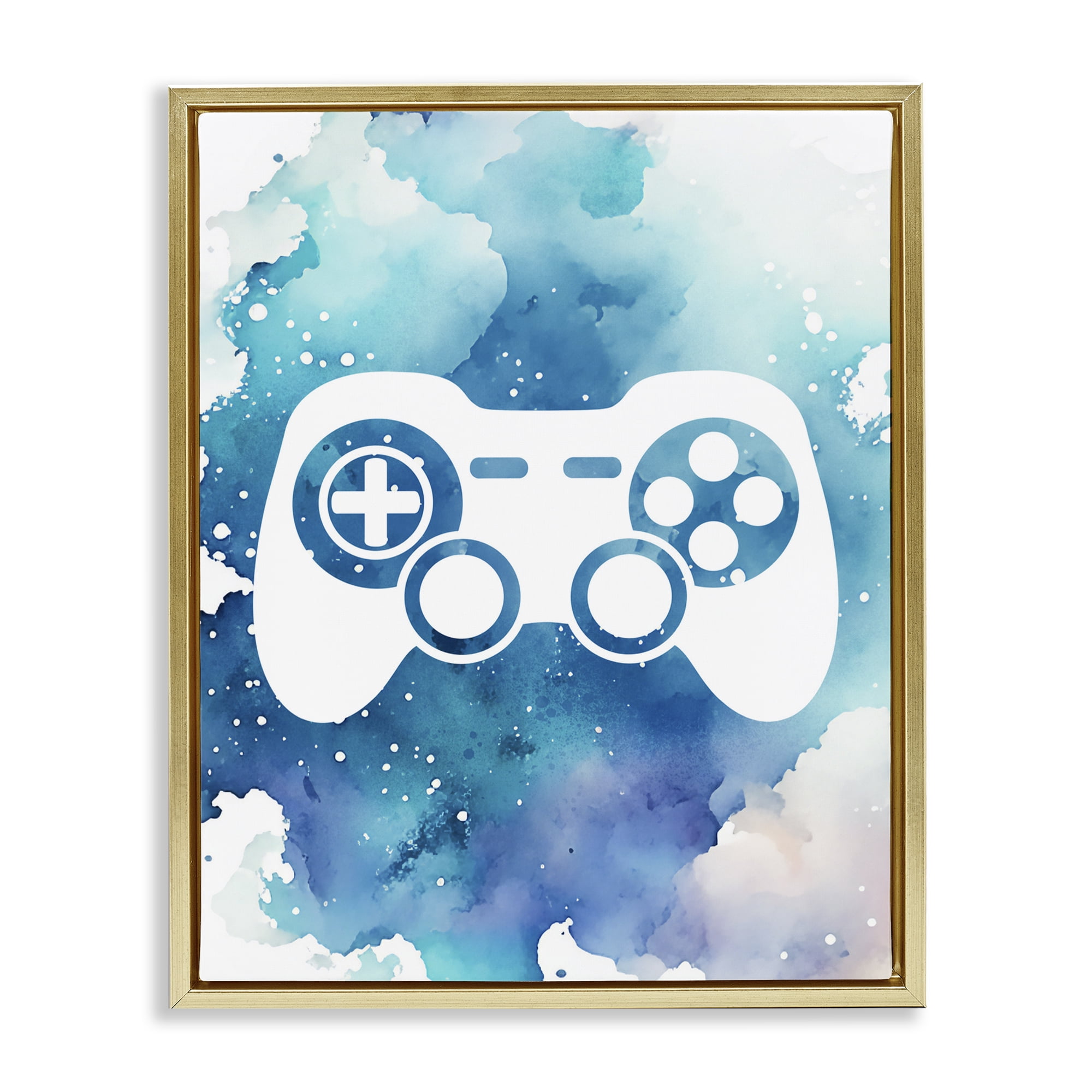 Blue Controller Splatter Gold Framed Floater Canvas Wall Art, design by Marcus Prime