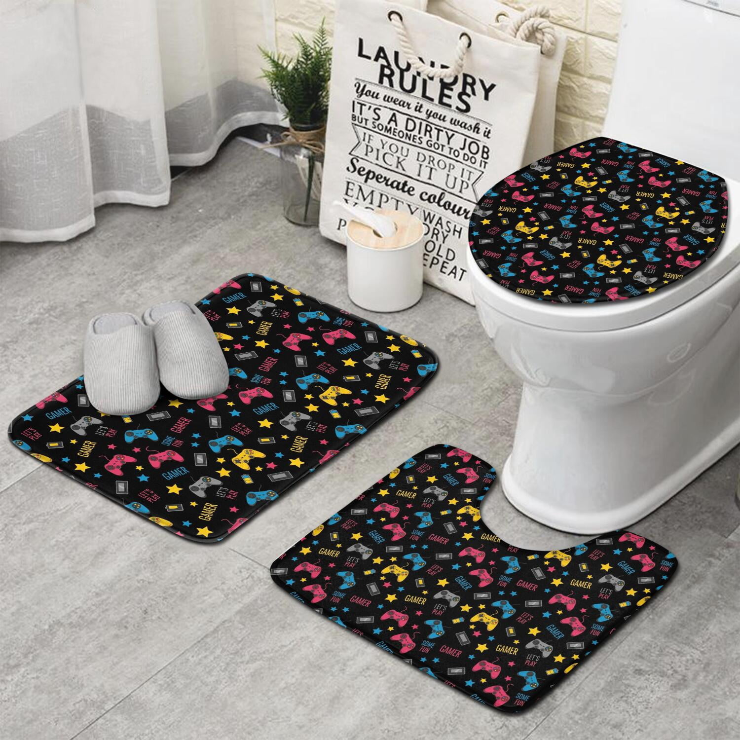 Blue Controllers Games Icons Black Pattern Bathroom Rugs Sets 3 Piece ...