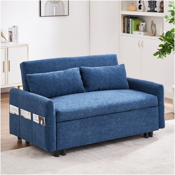 Blue Convertible Loveseat Sofa Bed with USB Charging, Adjustable Backrest, and Storage Pockets for Small Spaces