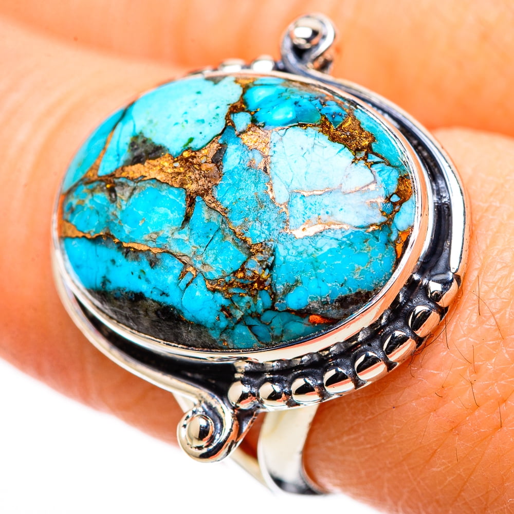 Genuine Turquoise Ring For Women - 925 Sterling Silver, Oval Natural Gemstone, Vintage Leaf Design Boho Ring
