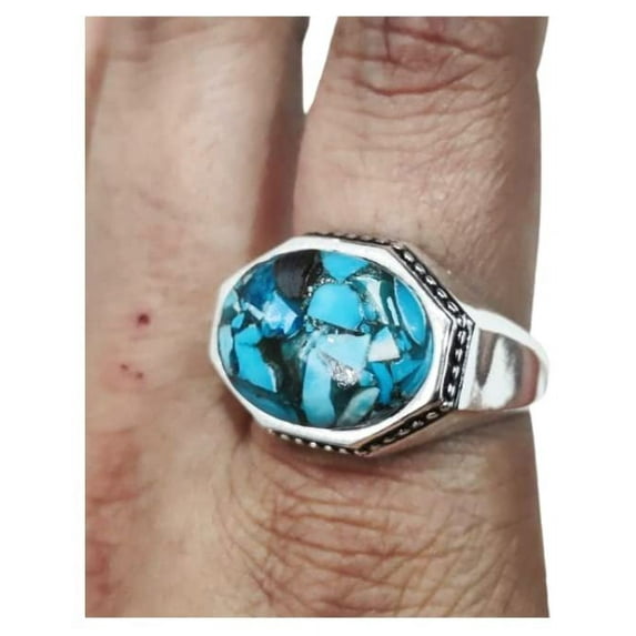 Blue Copper Turquoise Mans Ring, Natural Copper Turquoise Ring, Silver Jewelry, 925 Silver Ring, Birthday Gift, Heavy Mens Ring, Arabic Design, Ottoman Style Ring, Christmas, Turkey Mens Signet Ring
