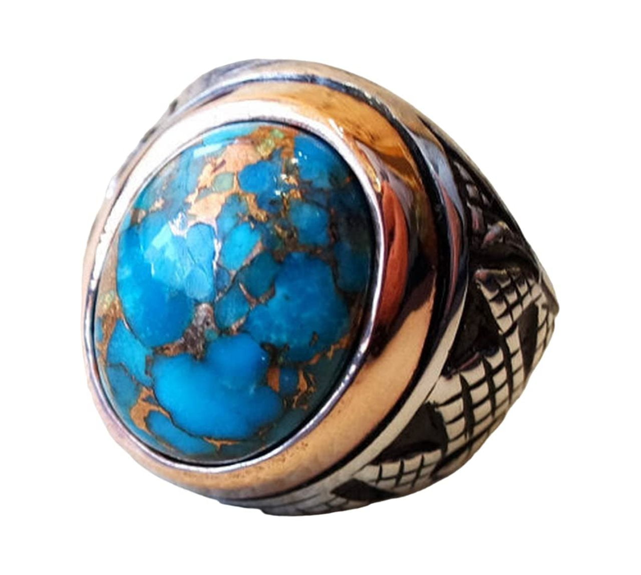 Blue Copper Turquoise Men's Ring - 925 Sterling Silver, Oxidized Two-Tone, Gemstone Signet Ring