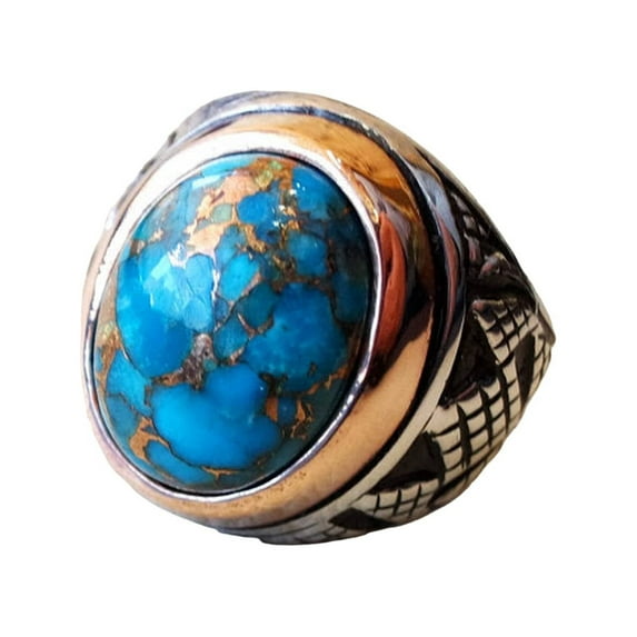 Blue Copper Turquoise Mens Ring, Natural Turquoise Ring, Oxidized Two Tone, 925 Silver Ring, Birthday Gift, Heavy Mens Ring, Arabic Design, Ottoman Style Ring, Christmas, Turkey Mens Signet Ring