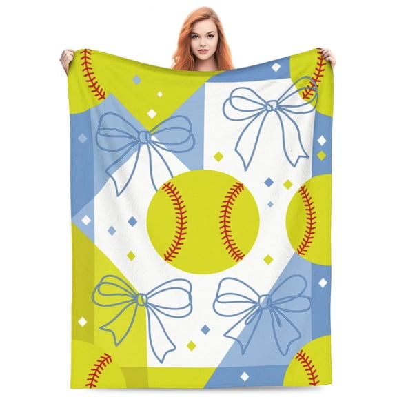 Blue Coquette Bow Softball Blanket, Flannel Throw for Bedroom Couch Sofa, Sports Home Decor, Gift for Softball Lovers, Players and Coaches 50x40