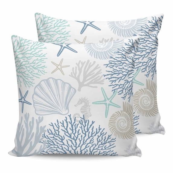 Blue Coral Coastal 24x24 Pillow Covers Set of 2, Summer Beach Shell Conch Ocean Throw Pillow Covers Decorative Couch Cushion Case, Microfiber Square Pillowcases for Bedroom Car Living Room