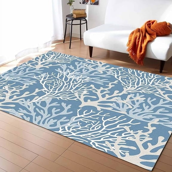 Blue Coral Coastal Area Rugs For Living Room Bedroom, Area Rug Non-Slip, Ocean Nautical Seaside Beach Kids Room Area Rug Washable Accent Floor Carpet Runner Outdoor Indoor 2 x 3ft
