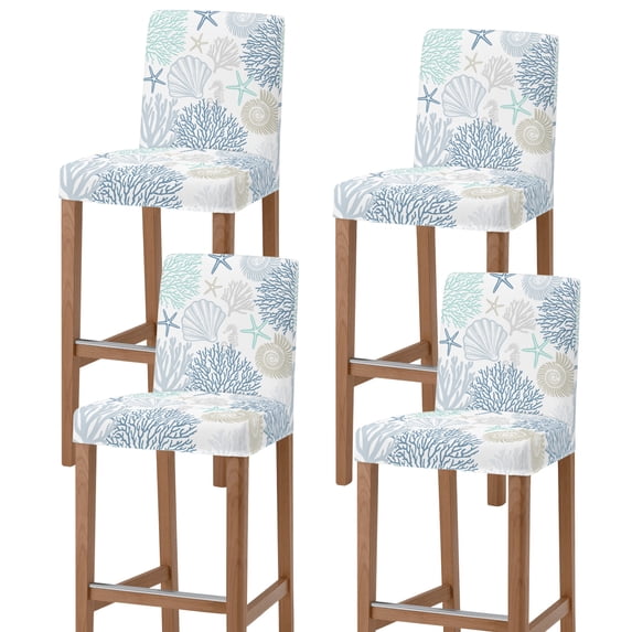 Blue Coral Coastal Bar Stool Cover Set of 4, Summer Beach Shell Conch Ocean Stretch Bar Chair Cover, Removable Washable Pub Counter Stool Chair Slipcover for Kitchen Dining Room Pub Cafe
