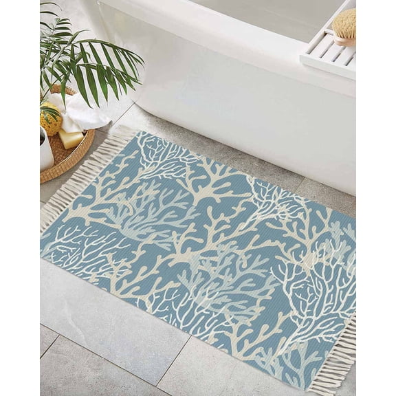 Blue Coral Coastal Bath Rug 2x3ft Woven Bathroom Entryway Runner Rug,Ocean Nautical Seaside Beach Washable Living Room Hallway Bedroom Kitchen Carpet with Tassels,Indoor Outdoor Throw Doormat