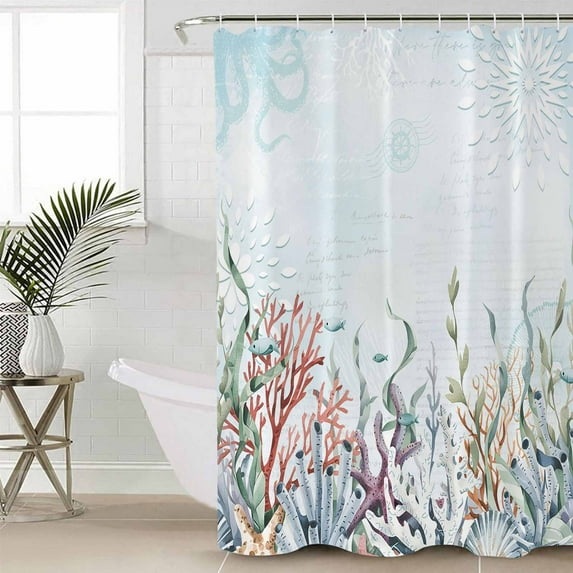Blue Coral Coastal Bathroom Curtain 78 Inch Shower Curtain with Hooks, Ocean Starfish Nautical Botanical Waterproof Polyester Bath Curtain Washable Bathtub Curtain 36''x 78''