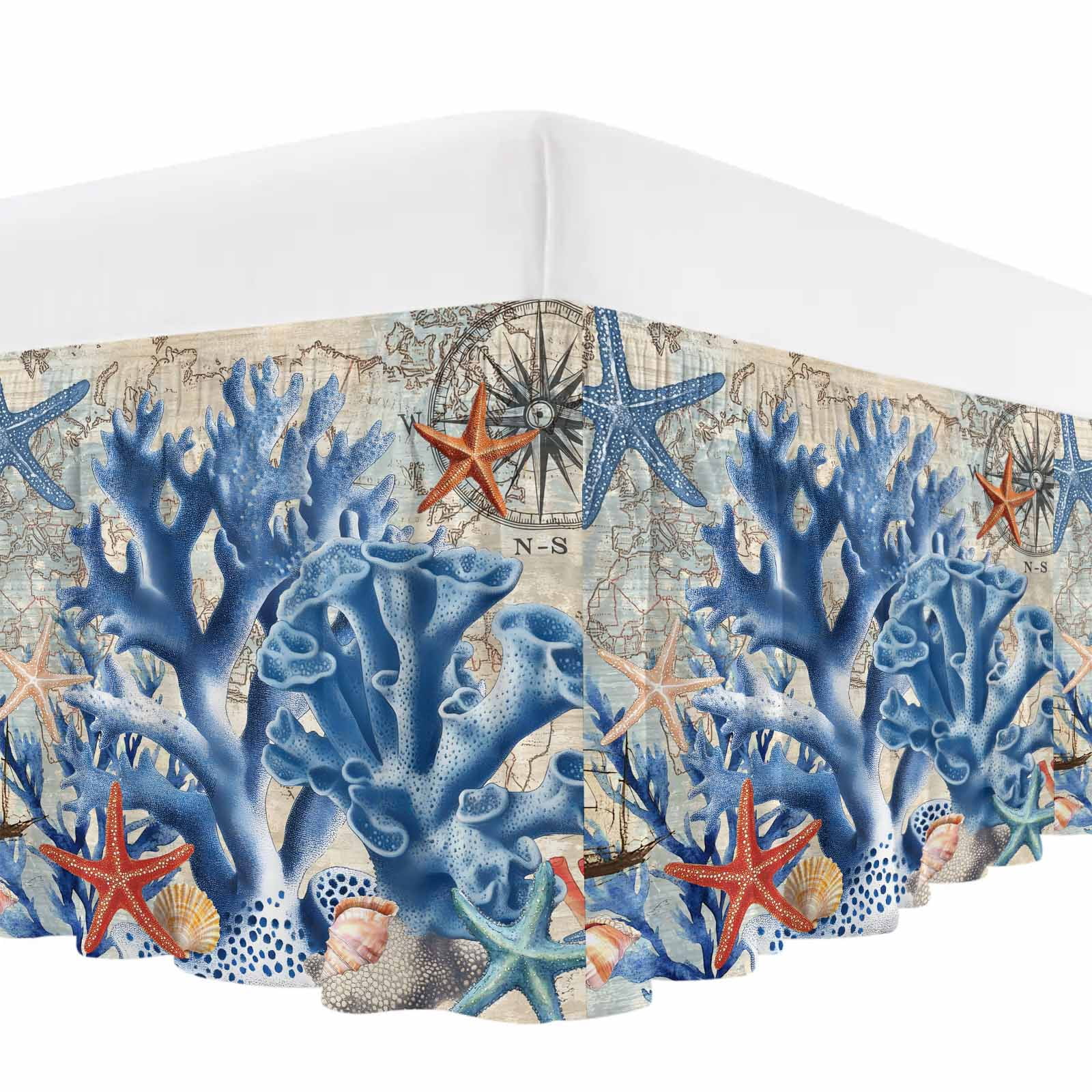 Blue Coral Coastal Bed Skirt Queen Size,Summer Beach Vintage Nautical Starfish Wrap Around Bed Skirting with Adjustable Elastic Strap,Dust Ruffle Pleated Bedskirts 16 Inch Drop for Bedroom Queen Beds