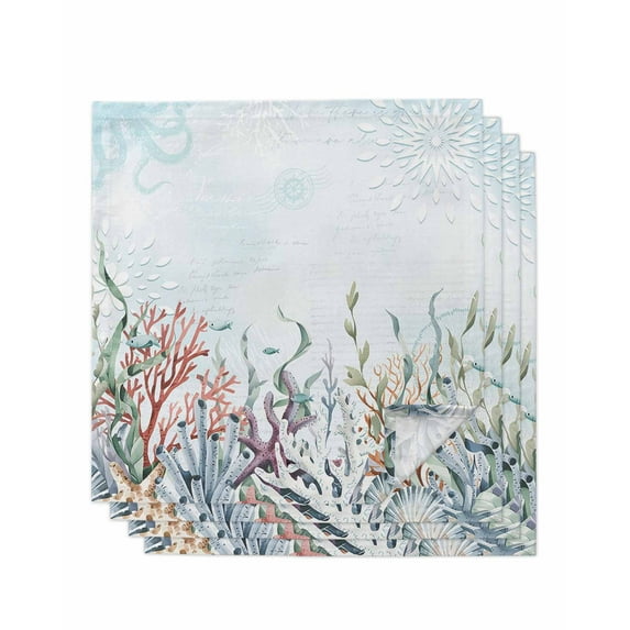 Blue Coral Coastal Cloth Napkins Washable Set of 4, Ocean Starfish Nautical Botanical Reusable Dinner Table Napkins Cloth Bulk for Weddings Kitchen Restaurants Hotel Events Parties 20 x 20 Inch