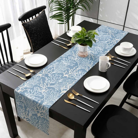 Blue Coral Coastal Cotton Linen Table Runner 18 x 72 inch Ocean Nautical Seaside Beach Non-slip Rectangular Dining Table Decor for Wedding Party Holiday Dinner
