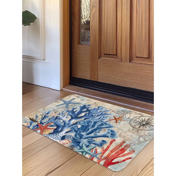Blue Coral Coastal Door Mat&nbsp;Indoor Outdoor Entrance,Non Slip Small Rug for Kitchen Bathroom Entryway Rug,Summer Beach Vintage Nautical Starfish Washable Doormat Floor Mat 18x30 Inch