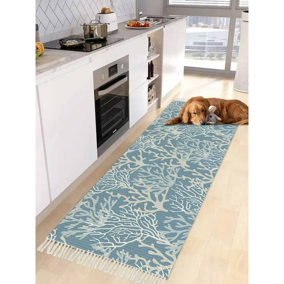 Blue Coral Coastal Entryway Runner Rug 2x4ft,Ocean Nautical Seaside Beach Washable Woven Living Room Hallway Bedroom Kitchen Carpet with Tassels,Indoor Outdoor Throw Door Mat for Entryway