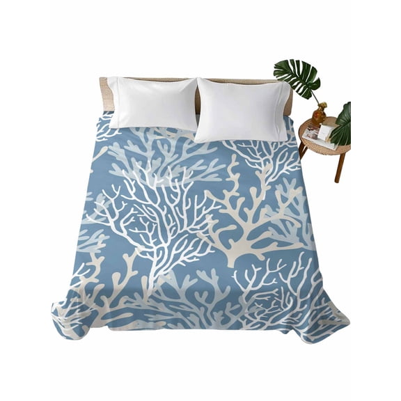 Blue Coral Coastal Flat Sheet Only Twin Size, Soft Breathable Bed Top Sheets for Mattress, Ocean Nautical Seaside Beach Luxury Bedding Flat Sheets for Home Hotel Bedroom Bed Protection