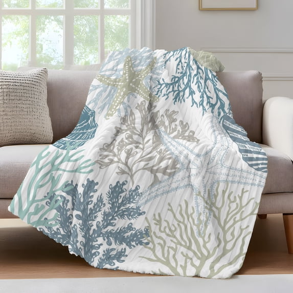 Blue Coral Coastal Fleece Throw Blanket for Couch, Summer Beach Ocean Starfish Conch Microfiber Flannel Blanket for All Season, Lightweight Soft Throw Blankets for Gifts, Home Decor, 32"x47"