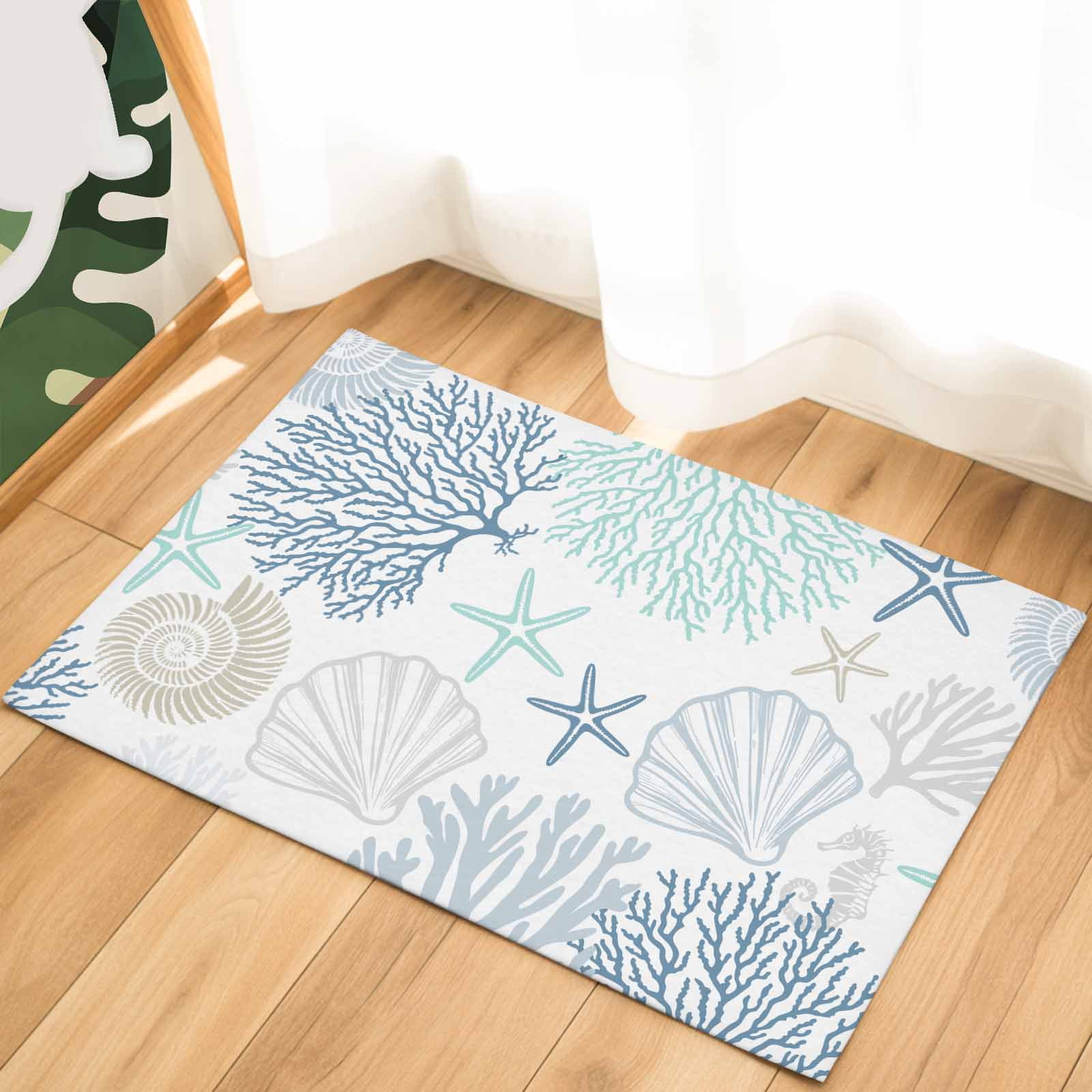 Blue Coral Coastal Indoor Door Mat - 18"x30", Non-Slip Welcome Mat for Outdoor, Summer Beach Shell Conch Ocean Front Doormat for Entry, Low-Profile Doormat Entrance Rug for Kitchen/Bathroom