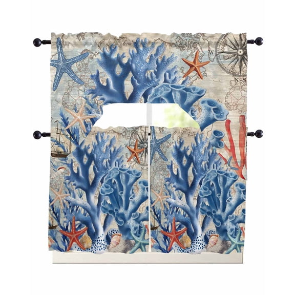 Blue Coral Coastal Kitchen Curtain and Valance Set 3 Pieces,Rod Pocket Short Tier Curtains 24 Inch Length,Summer Beach Vintage Nautical Starfish Swag Topper Small Window Treatment for Cafe Bedroom