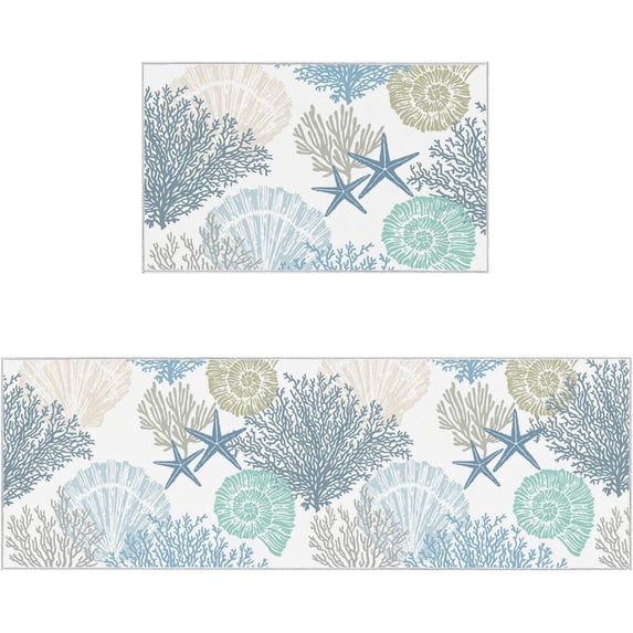 Blue Coral Coastal Kitchen Rugs Set 2 Pieces, Nautical Summer Beach Starfish Soft Non-Slip Rubber Backing Floor Mats Doormat Bathroom Ocean Runner Area Rug Carpet, 15.7x23.6in + 15.7x47.2in