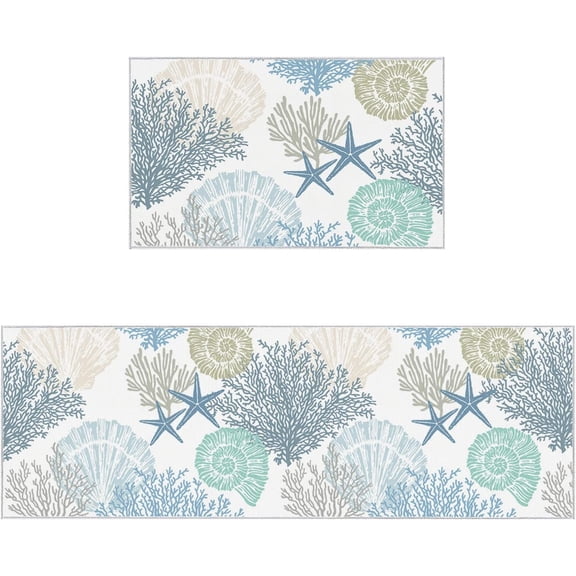Blue Coral Coastal Kitchen Rugs Set 2 Pieces, Nautical Summer Beach Starfish Soft Non-Slip Rubber Backing Floor Mats Doormat Bathroom Ocean Runner Area Rug Carpet, 15.7x23.6in + 15.7x47.2in