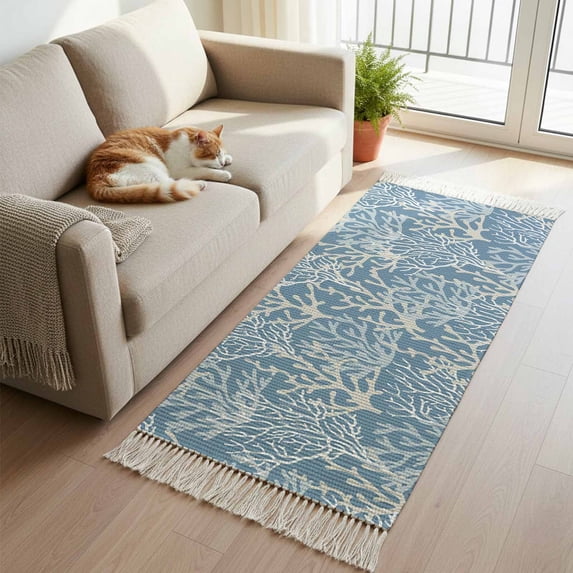 Blue Coral Coastal Kitchen Runner Rug 2'x4', Ocean Nautical Seaside Beach Washable Rug with Tassels, Non Slip Woven Cotton Bathroom Rugs Hallway Carpet for Foyer Bedroom Entry Back Door Decor
