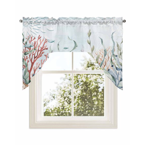 Blue Coral Coastal Kitchen Swag Valance for Window,Rod Pocket Short Kitchen Curtains&nbsp;36 Inch Length,Ocean Starfish Nautical Botanical Swag Topper Small Window Treatment for Cafe Bathroom Bedroom