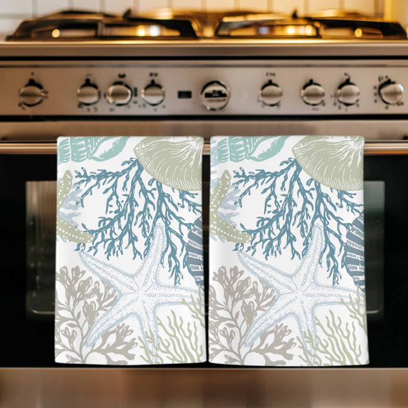 Blue Coral Coastal Kitchen Towels Set of 3, Summer Beach Ocean Starfish Conch Absorbent Dish Towels for Kitchen, Microfiber Hand Towel, Quick Drying Tea Towel for Cleaning Decorative Dishcloths