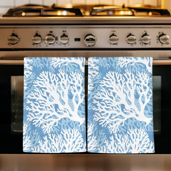 Blue Coral Coastal Kitchen Towels Set of 4, Summer Nautical Ocean Beach Absorbent Dish Towels for Kitchen, Microfiber Hand Towel, Quick Drying Tea Towel for Cleaning Decorative Dishcloths