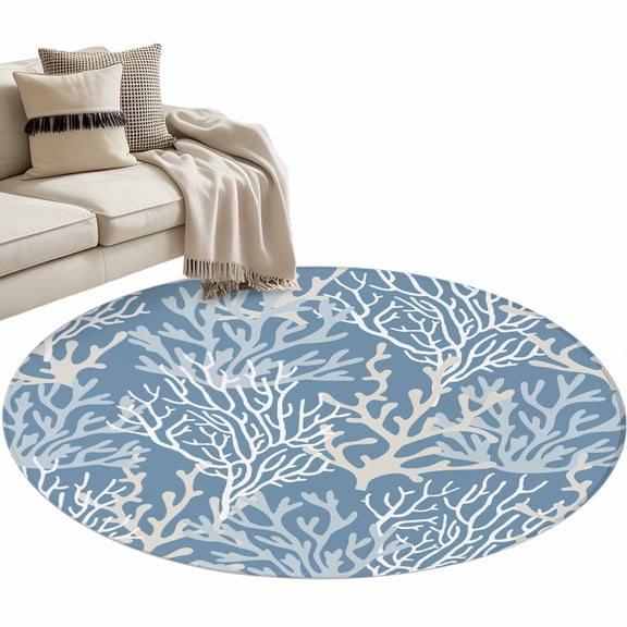 Blue Coral Coastal Large Area Rugs for Bedroom Living Room, Soft Non Slip Carpet Bedside Rug, Ocean Nautical Seaside Beach Round Floor Cover Kitchen Accent Rug 3' for Dining Room/Office
