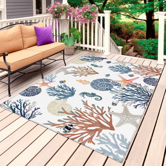 Blue Coral Coastal Outdoor Rug 3x5 Ft, Non Slip Washable Area Rug, Summer Beach Starfish Nautical Patio Rugs Carpet Runner, Large Floor Mat for Indoor/Outdoor Deck Porch Camping