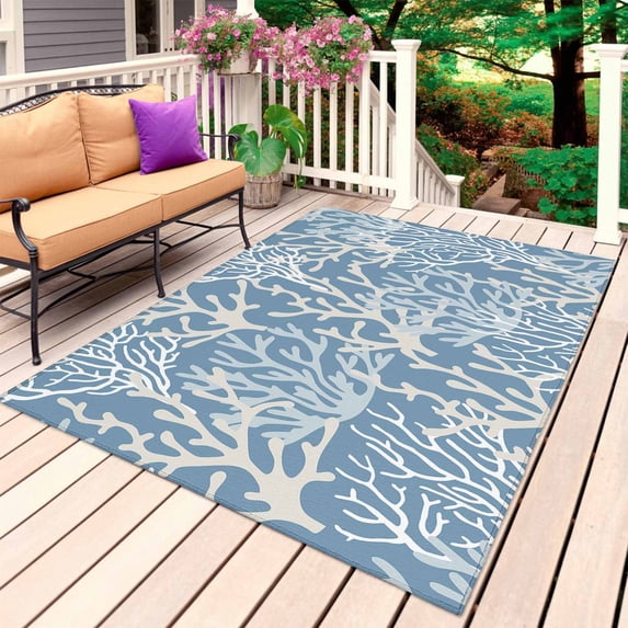 Blue Coral Coastal Outdoor Rug for Patio/Deck/Porch, Non-Slip Large Area Rug 5 x 8 Ft, Ocean Nautical Seaside Beach Indoor Outdoor Rugs Washable Area Rugs, Reversible Camping Rug Carpet Runner