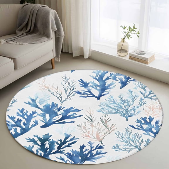 Blue Coral Coastal Round Rug 3ft Washable Circle Entryway Rugs Non Slip Summer Watercolor Ocean Area Rug Indoor Floor Carpet for Bedroom Kitchen Living Room Home Office Dining Room Nursery