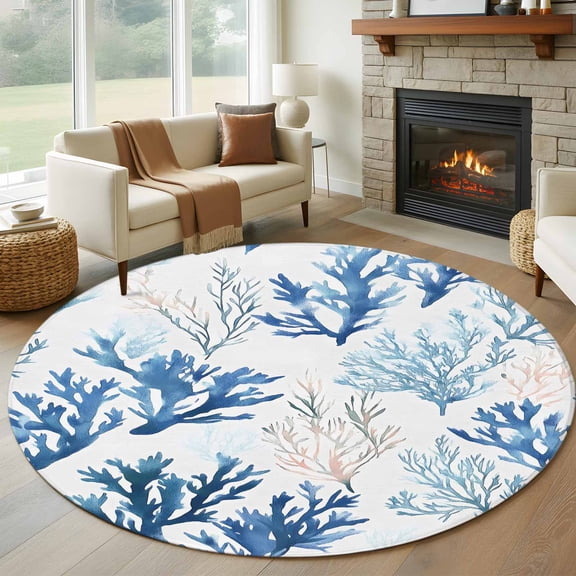 Blue Coral Coastal Round Rug 5ft Washable Circle Kitchen Rugs Non Slip Summer Watercolor Ocean Large Area Rug Indoor Floor Carpet for Bedroom Living Room Home Office Dining Room Nursery