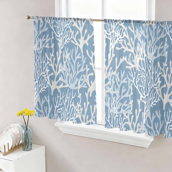 Blue Coral Coastal Sheer Curtains 45 Inch Length 2 Panels Set, Ocean Nautical Seaside Beach Voile Window Treatment Rod Pocket Small Kitchen Curtains Drapes for Bedroom 52"x45"x2