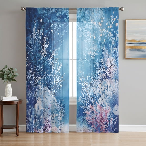 Blue Coral Coastal Sheer Curtains 84 Inch Length 2 Panels Set, Nautical Summer Beach Ocean Voile Window Treatment Rod Pocket Curtains Sheers Drapes for Bedroom/Living Room/Kitchen 52"x84"x2