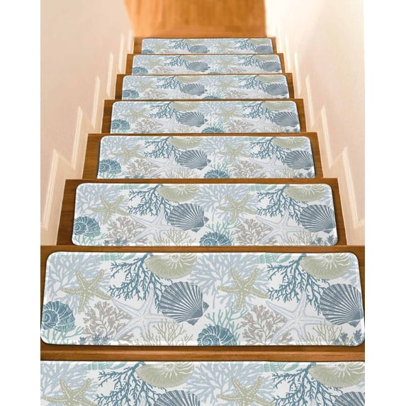 Blue Coral Coastal Stair Treads Non Slip Indoor for Wooden Steps, Summer Beach Ocean Starfish Conch 4 Pcs Stair Mats for Elders Dogs, 8 x 30 Inch Carpet Treads Runner Rugs for Staircase