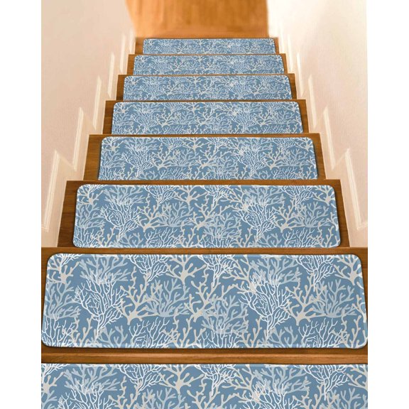 Blue Coral Coastal Stair Treads for Wooden Steps Indoor Runner Rug Carpet, Ocean Nautical Seaside Beach 7 Pieces Peel and Stick Staircase Step Treads Covers Washable Throw Door Mats, 30"x8"